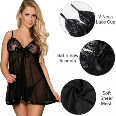 Baby Dolls & Chemises Women's Lingerie Lace Babydoll V Neck Strap Sleepwear Chemise Mesh Sleepwear M-6XL - Style 1 Black - C0...