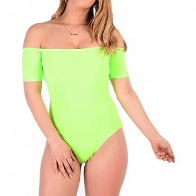 Shapewear Ladies Basic Bardot Off Shoulder Viscose Bodysuit Womens Stretchy Leotard Top Small/Large - Neon Green - C318QT58N3T