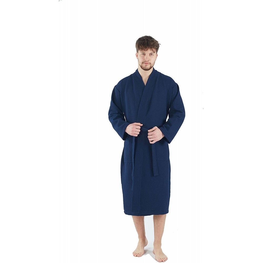 Robes Mens Waffle-Knit Bathrobe - Lightweight Hotel Spa Robe- Made in Turkey - Navy Blue - CG18E3K6X9W