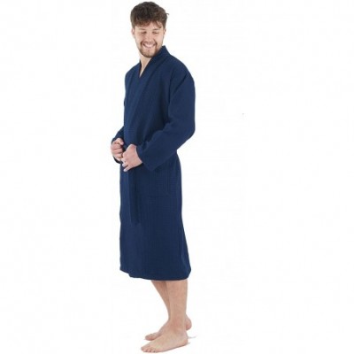 Robes Mens Waffle-Knit Bathrobe - Lightweight Hotel Spa Robe- Made in Turkey - Navy Blue - CG18E3K6X9W