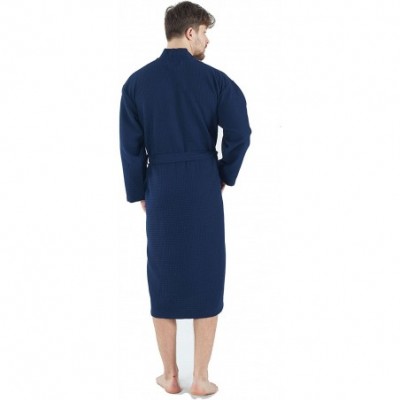 Robes Mens Waffle-Knit Bathrobe - Lightweight Hotel Spa Robe- Made in Turkey - Navy Blue - CG18E3K6X9W