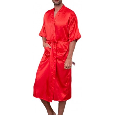 Robes Men Plus-Size Pajama Spa Bathrobe Trim-Fit Charmeuse Smoking Jacket - Red - CH18T6QA7C6