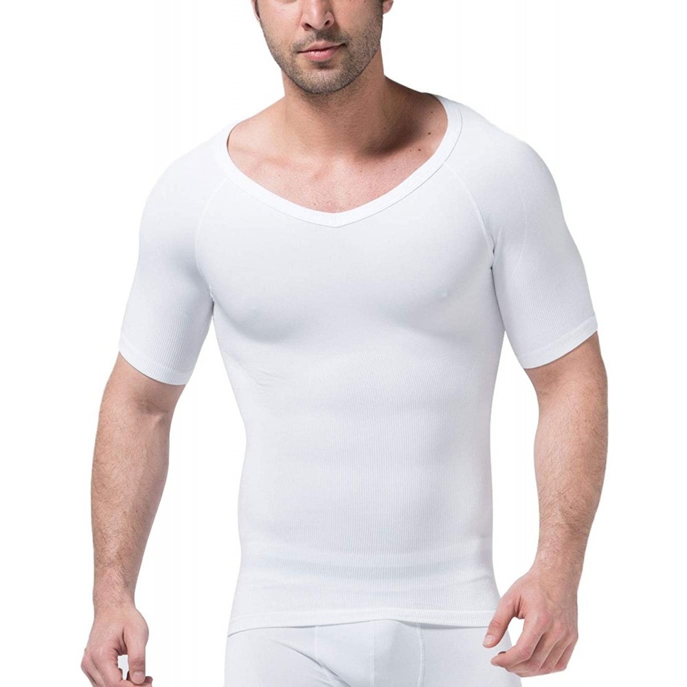 Undershirts Men's Short Sleeve Slim Fit V-Neck Seamless Compression T-Shirt Tops Undershirts (White- Large) - CK18CK6RTOR