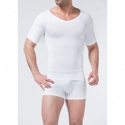 Undershirts Men's Short Sleeve Slim Fit V-Neck Seamless Compression T-Shirt Tops Undershirts (White- Large) - CK18CK6RTOR