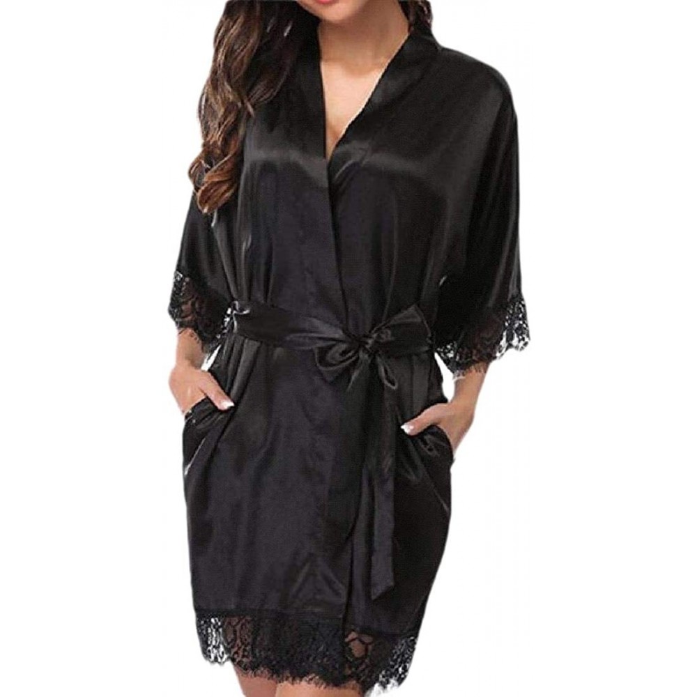 Robes Womens Sexy Silk Sleepwear Satin Lace Trim Nightwear Short Kimono Robes - 3 - C4198HI9UUO