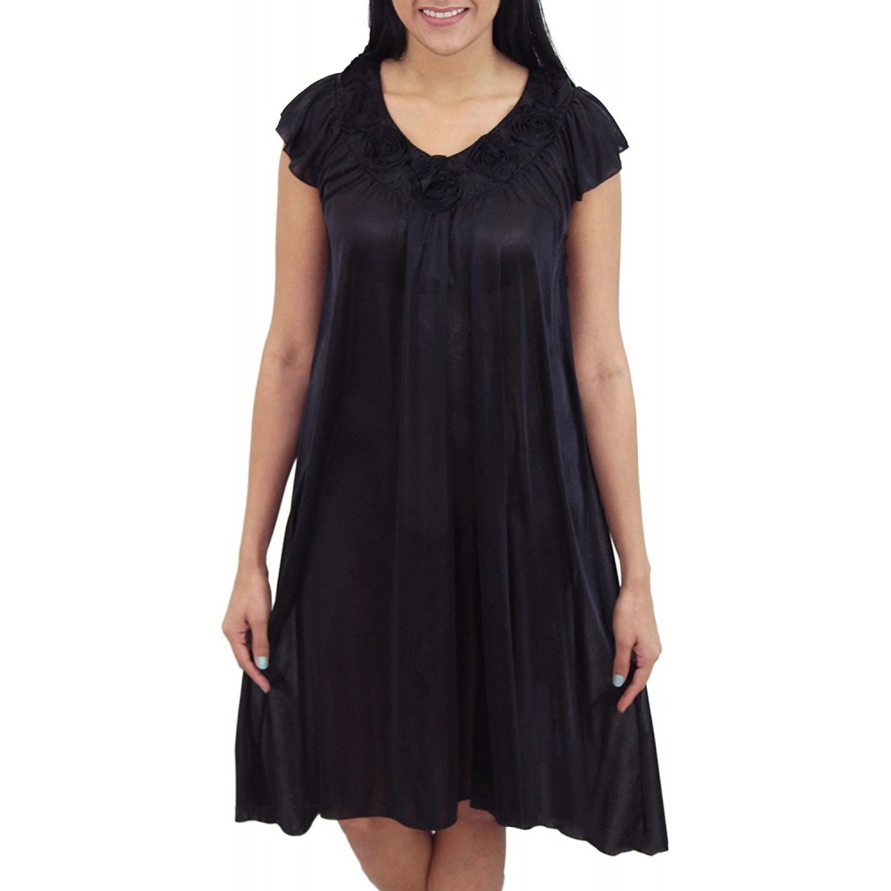 Nightgowns & Sleepshirts Womens' Silky Looking Nightgown with Roses Style 31N - Black - CA12D78IZY1