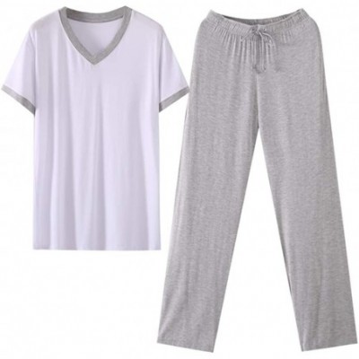 Sleep Sets Mens Pajama Set Soft V-Neck Short Sleeves and Drawstring Bottom Sleepwear Lounge Set - White+grey - C319859N8A4