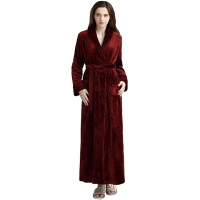 Robes Long Bath Robe for Womens Plush Soft Fleece Bathrobes Nightgown Ladies Pajamas Sleepwear Housecoat - Wine Red - CS18GTM...