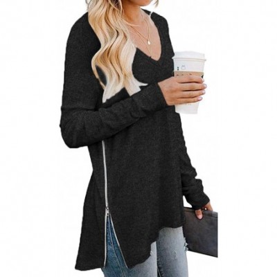 Tops Women's Fall Long Sleeve Side Split Loose Casual Pullover Tunic Tops with Side Zipper - Black - C21933U84C9