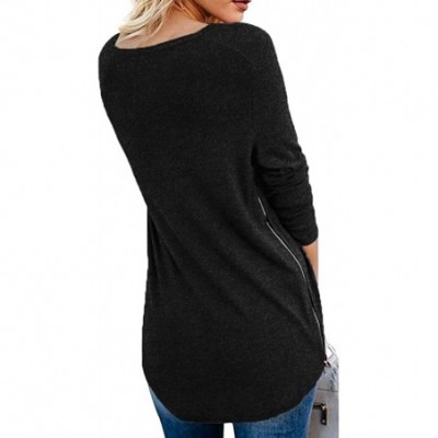 Tops Women's Fall Long Sleeve Side Split Loose Casual Pullover Tunic Tops with Side Zipper - Black - C21933U84C9