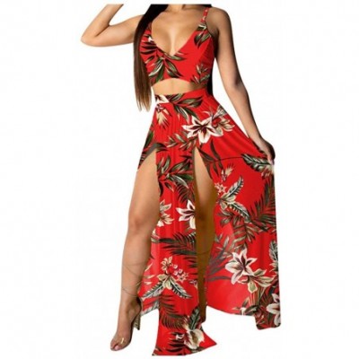 Nightgowns & Sleepshirts Women Sexy Floral Print Summer Chiffon Sleeveless Crop Tops Maxi Skirt - Red - CW196SH8XGT