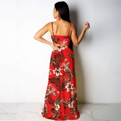 Nightgowns & Sleepshirts Women Sexy Floral Print Summer Chiffon Sleeveless Crop Tops Maxi Skirt - Red - CW196SH8XGT