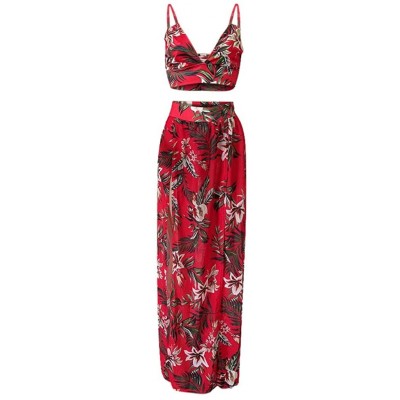 Nightgowns & Sleepshirts Women Sexy Floral Print Summer Chiffon Sleeveless Crop Tops Maxi Skirt - Red - CW196SH8XGT