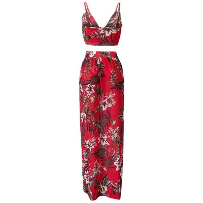 Nightgowns & Sleepshirts Women Sexy Floral Print Summer Chiffon Sleeveless Crop Tops Maxi Skirt - Red - CW196SH8XGT