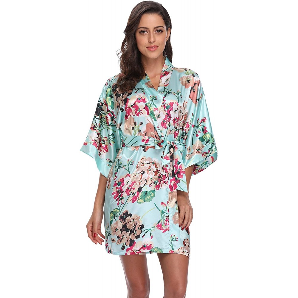 Robes Women's Floral Satin Robes Short Bridesmaid Robe Silky Kimono Bathrobe Wedding Bridal Dressing Gown - Aqua - CX18EEC9WDA