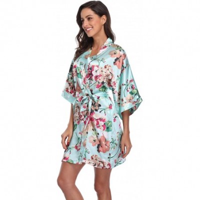 Robes Women's Floral Satin Robes Short Bridesmaid Robe Silky Kimono Bathrobe Wedding Bridal Dressing Gown - Aqua - CX18EEC9WDA