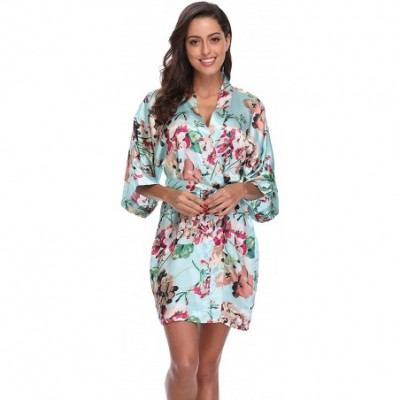 Robes Women's Floral Satin Robes Short Bridesmaid Robe Silky Kimono Bathrobe Wedding Bridal Dressing Gown - Aqua - CX18EEC9WDA