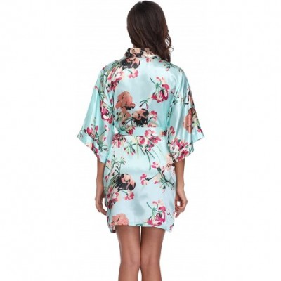 Robes Women's Floral Satin Robes Short Bridesmaid Robe Silky Kimono Bathrobe Wedding Bridal Dressing Gown - Aqua - CX18EEC9WDA