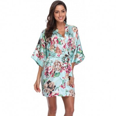 Robes Women's Floral Satin Robes Short Bridesmaid Robe Silky Kimono Bathrobe Wedding Bridal Dressing Gown - Aqua - CX18EEC9WDA