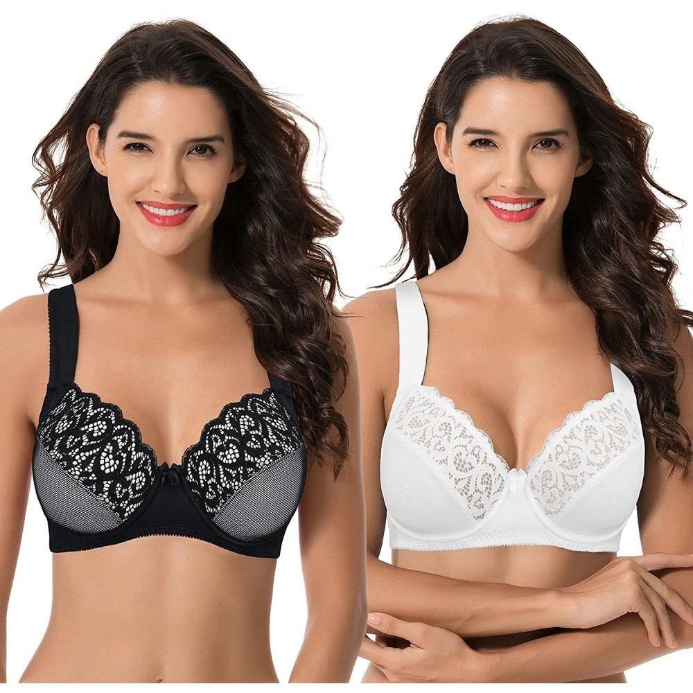 Bras Plus Size Unlined Underwire Lace Bra with Padded Shoulder Straps-2PK - Black- White(2 Pack) - CI18U469UZL