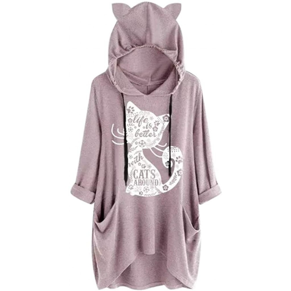 Thermal Underwear Women Long Sleeve Cat Ear Print Blouse Casual Hooded Sweatshirt Pullover Top - B-pink - CL18XQL9SAW