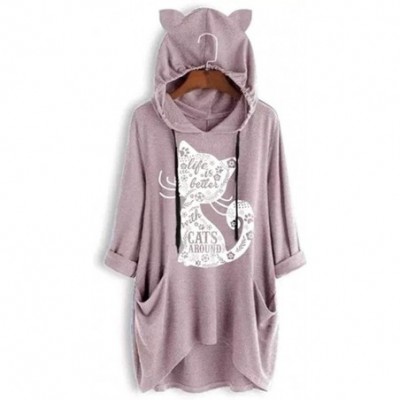 Thermal Underwear Women Long Sleeve Cat Ear Print Blouse Casual Hooded Sweatshirt Pullover Top - B-pink - CL18XQL9SAW