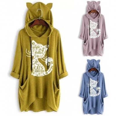 Thermal Underwear Women Long Sleeve Cat Ear Print Blouse Casual Hooded Sweatshirt Pullover Top - B-pink - CL18XQL9SAW