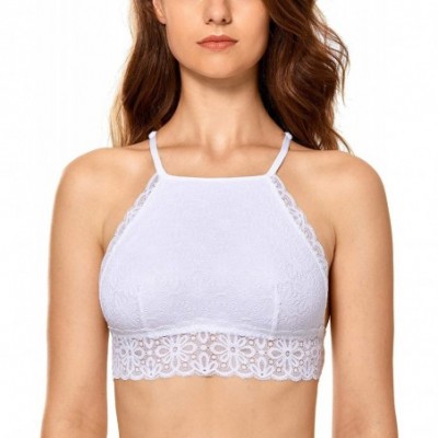 Bras Women's Lace Halter Bralette Racerback High Neck Wireless Unlined Bra - White - CF18TO4S4WO