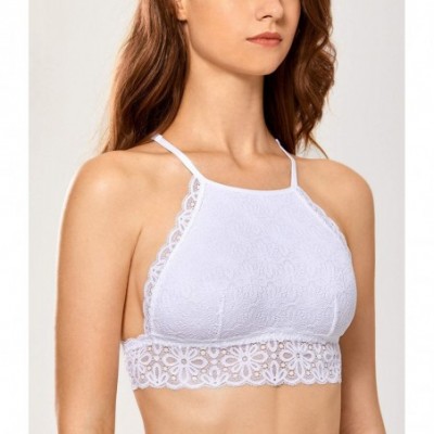 Bras Women's Lace Halter Bralette Racerback High Neck Wireless Unlined Bra - White - CF18TO4S4WO