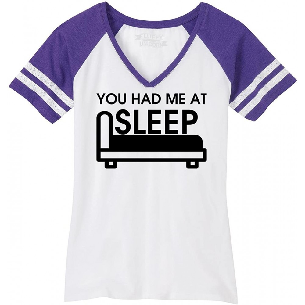 Tops Ladies You Had Me at Sleep Game V-Neck Tee - White/Heathered Purple - CL18CO86U4Y