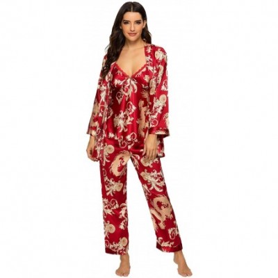 Sets Women's Silk Satin Pajamas Set 3 Pcs Floral Silky Pj Sets Sleepwear Cami Nightwear with Robe and Pants - Wine - CA198DWICC6