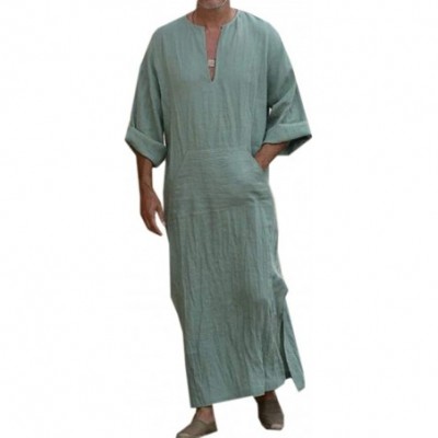 Robes Mens Cotton Linen Middle East Long Sleeve V-Neck Solid Arabian Robe - 5 - CP18TSUE284