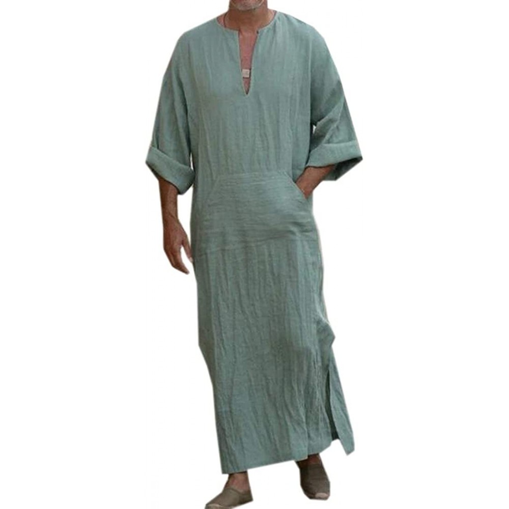 Robes Mens Cotton Linen Middle East Long Sleeve V-Neck Solid Arabian Robe - 5 - CP18TSUE284