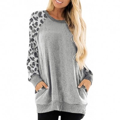 Baby Dolls & Chemises Women Leopard Print Long Puff Sleeve Splicing Striped Tops Patchwork Pullovers - F-gray - CA192S5R06A