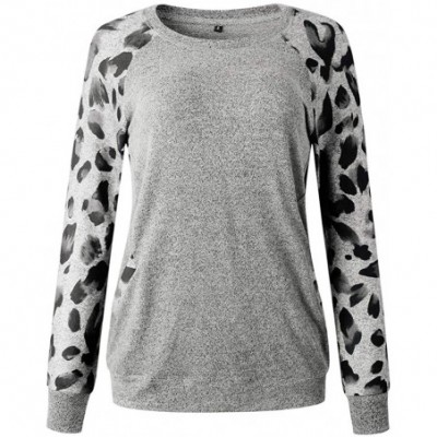 Baby Dolls & Chemises Women Leopard Print Long Puff Sleeve Splicing Striped Tops Patchwork Pullovers - F-gray - CA192S5R06A