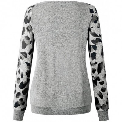 Baby Dolls & Chemises Women Leopard Print Long Puff Sleeve Splicing Striped Tops Patchwork Pullovers - F-gray - CA192S5R06A