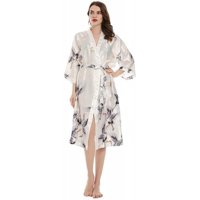 Robes Women's Long Classic Satin Kimono Lounge Bathrobe Robe Dressy Pajamas - White - CN197KY2TWR