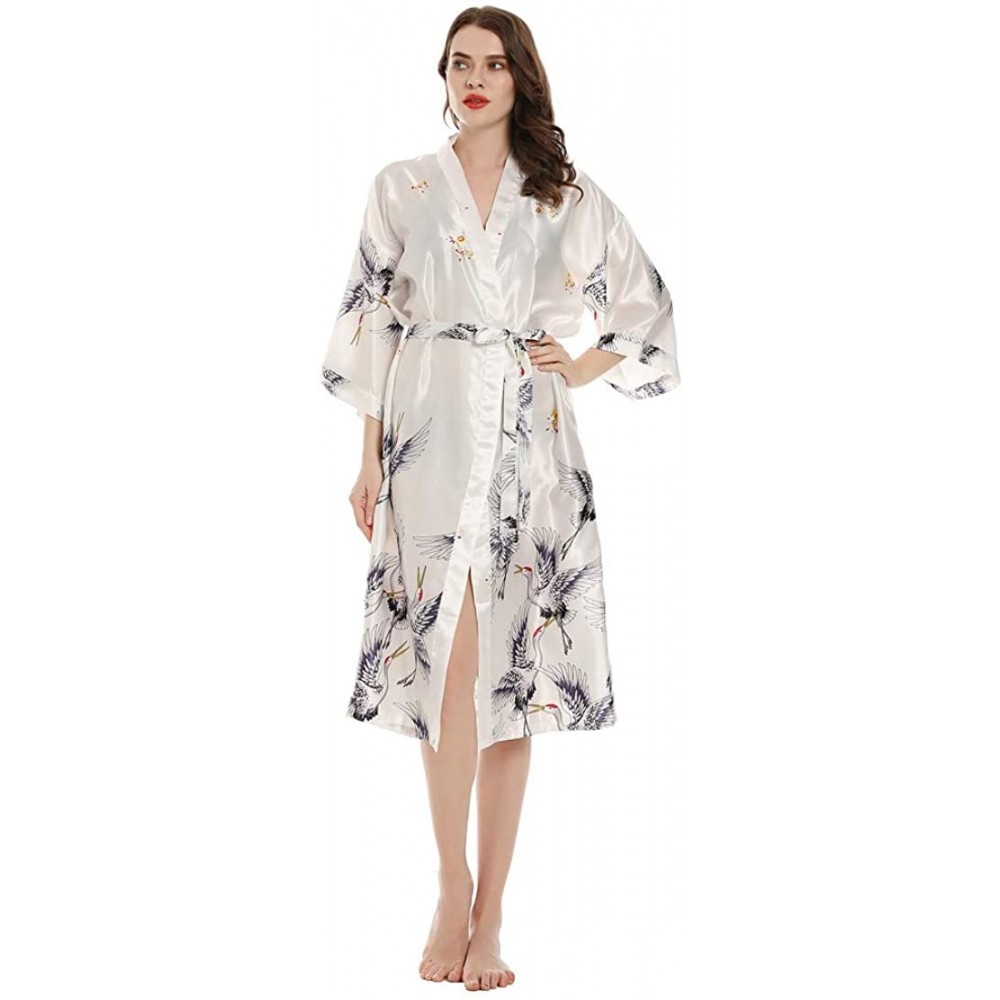 Robes Women's Long Classic Satin Kimono Lounge Bathrobe Robe Dressy Pajamas - White - CN197KY2TWR