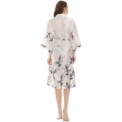 Robes Women's Long Classic Satin Kimono Lounge Bathrobe Robe Dressy Pajamas - White - CN197KY2TWR