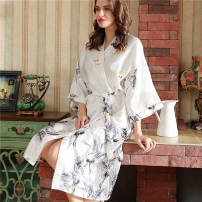 Robes Women's Long Classic Satin Kimono Lounge Bathrobe Robe Dressy Pajamas - White - CN197KY2TWR