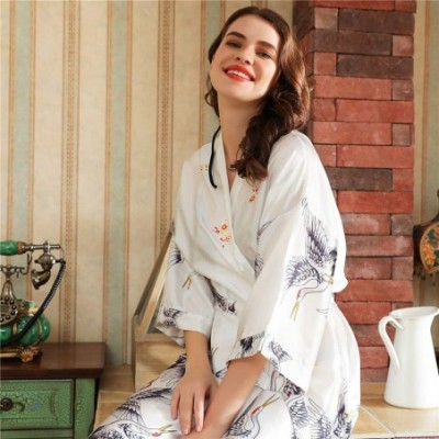 Robes Women's Long Classic Satin Kimono Lounge Bathrobe Robe Dressy Pajamas - White - CN197KY2TWR