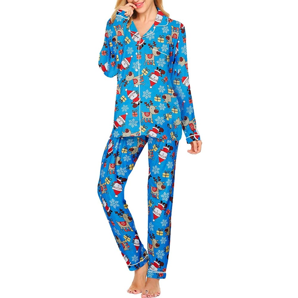 Sets Womens 3D Print Pajamas Cotton Button-Down Long Sleeve Nightwear Sleepwear Lounge PJ Set with Pants - Elk - CH18WQ52H7X