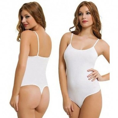 Shapewear Women's Rich Cotton Blend Thin Strap Thong Bodysuits - White - CE11OS300ST