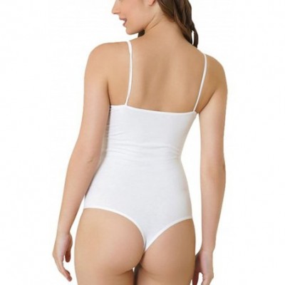 Shapewear Women's Rich Cotton Blend Thin Strap Thong Bodysuits - White - CE11OS300ST