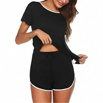 Sets Women Pajamas Shorts Set Short Sleeve T Shirt Tops Elastic Waist Short Pants Sleepwear Loungewear 2Pcs Sets Black - CE19...