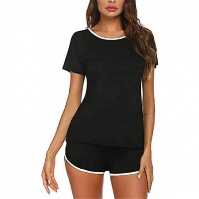 Sets Women Pajamas Shorts Set Short Sleeve T Shirt Tops Elastic Waist Short Pants Sleepwear Loungewear 2Pcs Sets Black - CE19...