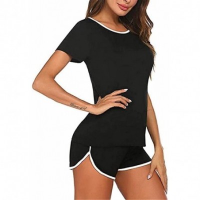 Sets Women Pajamas Shorts Set Short Sleeve T Shirt Tops Elastic Waist Short Pants Sleepwear Loungewear 2Pcs Sets Black - CE19...