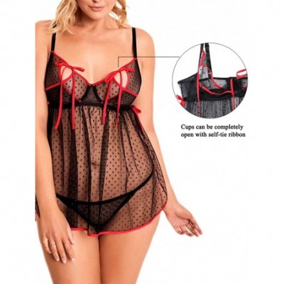 Baby Dolls & Chemises Sexy Women Plus Size Underwire Babydoll Push Up Chemise Dot Mesh Nightwear Split Cup Lingerie - Black -...