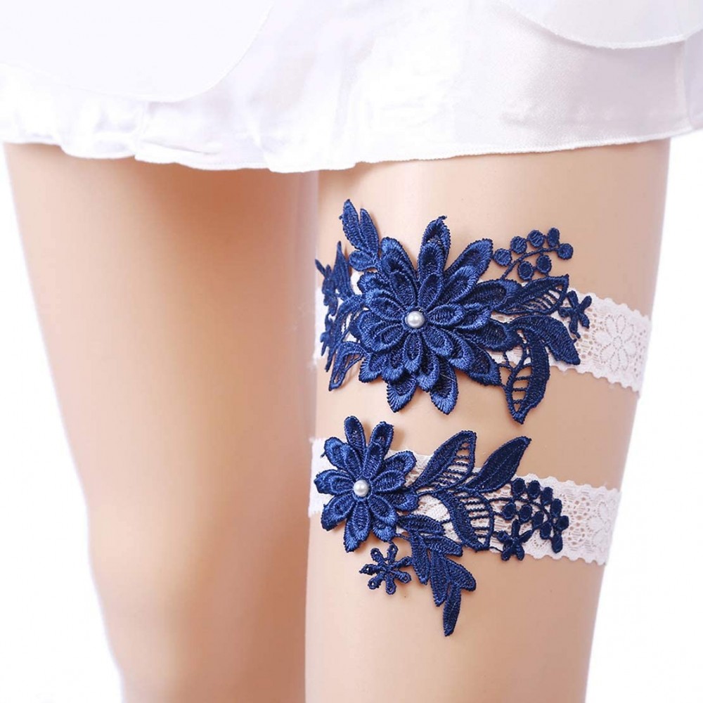 Garters & Garter Belts 2019 Sexy Rhinestone Bridal Garters Lace Wedding Garter Set with Pearls - C-navy - CW18EQ3H5KC