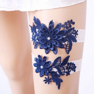 Garters & Garter Belts 2019 Sexy Rhinestone Bridal Garters Lace Wedding Garter Set with Pearls - C-navy - CW18EQ3H5KC